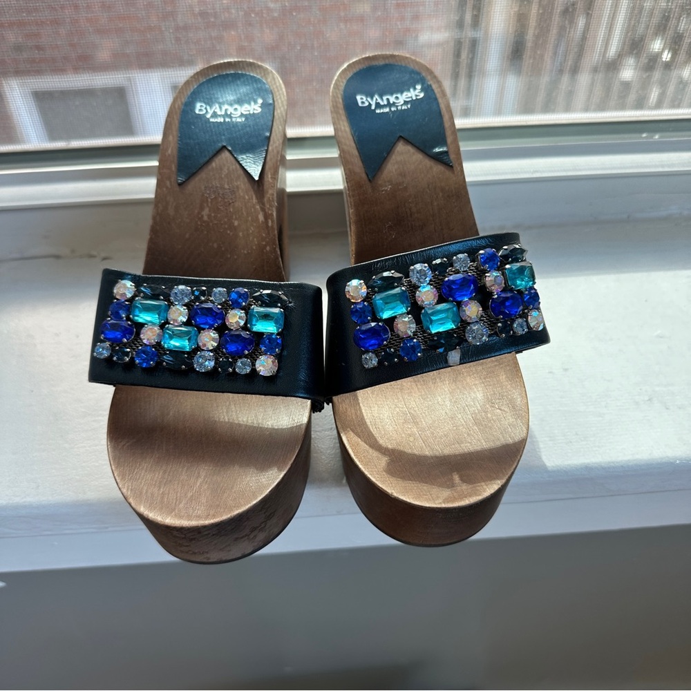 By Angels Women's Black and Blue Gemstone Clog Sandals 37.5